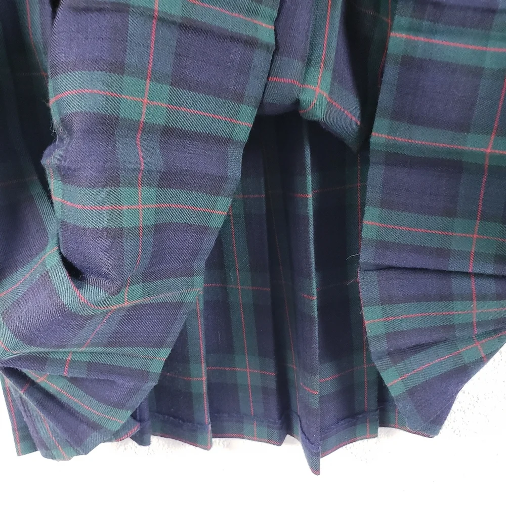 Vintage School Girl Pleated A-Line Midi‎ Skirt Blue Green Plaid Women's Size 14